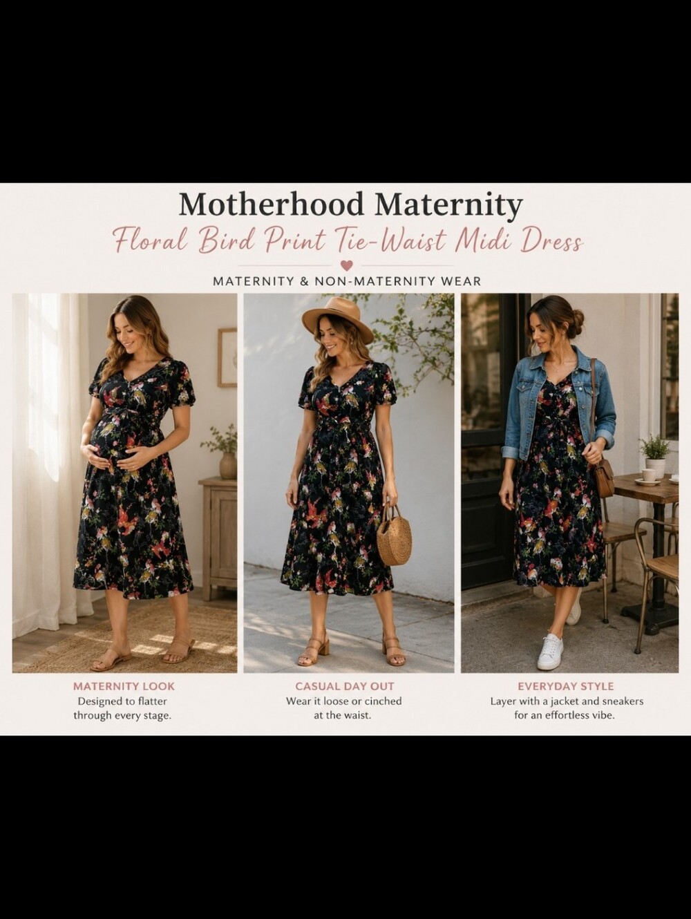 Motherhood Maternity ~ Floral Bird Print Tie-Waist Midi Dress ~ Small